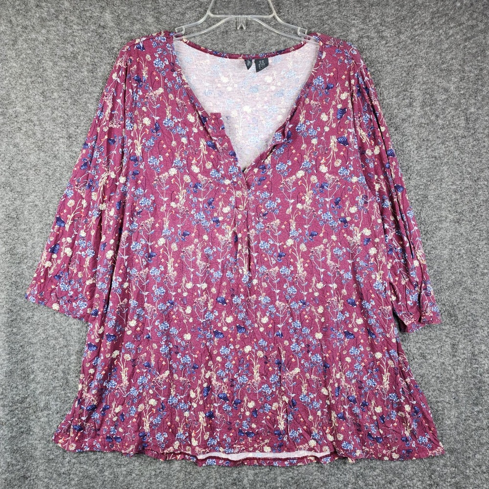 Paraphrase Floral Tunic Top Womens 2X Burgundy 3/4 Sleeve Boho V-Neck Wildflower